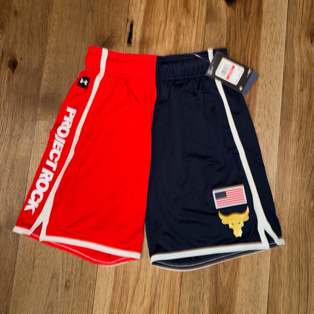 NWT Under Armour Project Rock USA RWB 1383311 Mens XS 7" Shorts Red White Blue